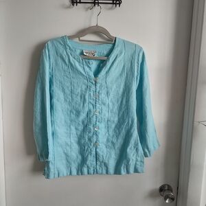 Mandarin Collar Blue 3/4 Sleeve Buttoned Blouse